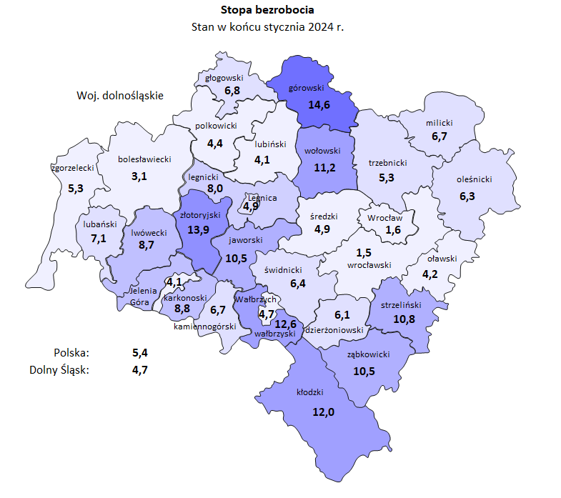 Mapa bezrobocie Dolny Śląsk - Dolnośląski Rynek Pracy - Styczeń 2024