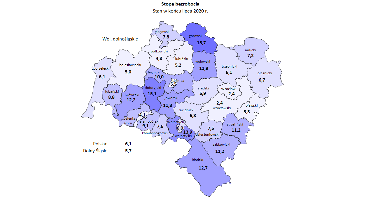Mapa stopy bezrobocia w woj. dolnośląskim - lipiec 2020