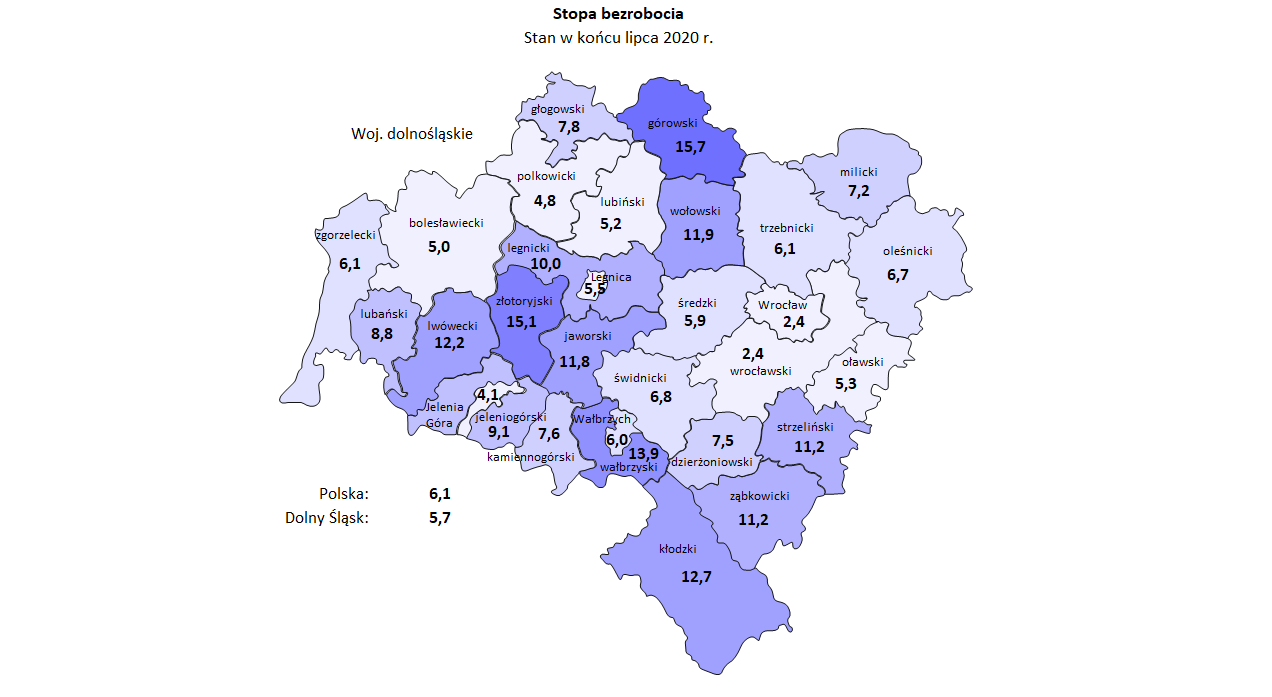 Mapa stopy bezrobocia w woj. dolnośląskim - lipiec 2020 Mapa stopy bezrobocia w woj. dolnośląskim - lipiec 2020