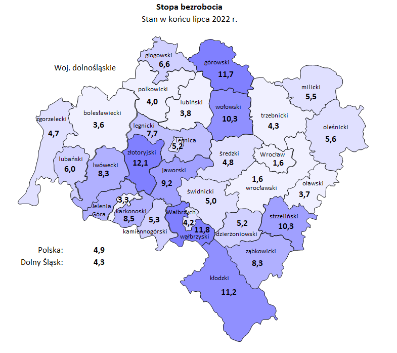 Mapa bezrobocie Dolny Śląsk - Dolnośląski Rynek Pracy - Lipiec 2022