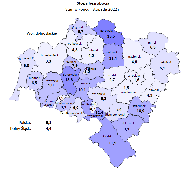 Mapa bezrobocie Dolny Śląsk - Dolnośląski Rynek Pracy - Listopad 2022