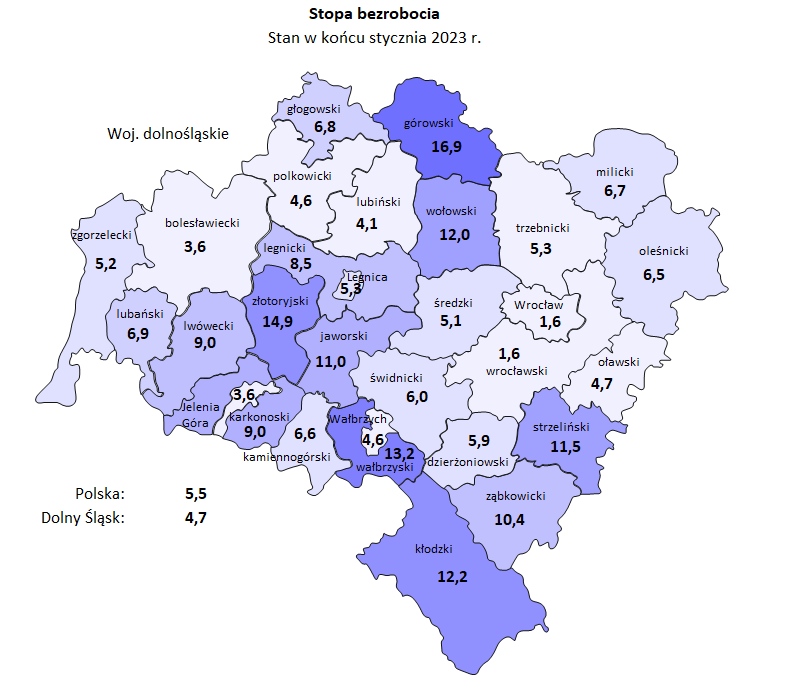 Mapa bezrobocie Dolny Śląsk - Dolnośląski Rynek Pracy - Styczeń 2023