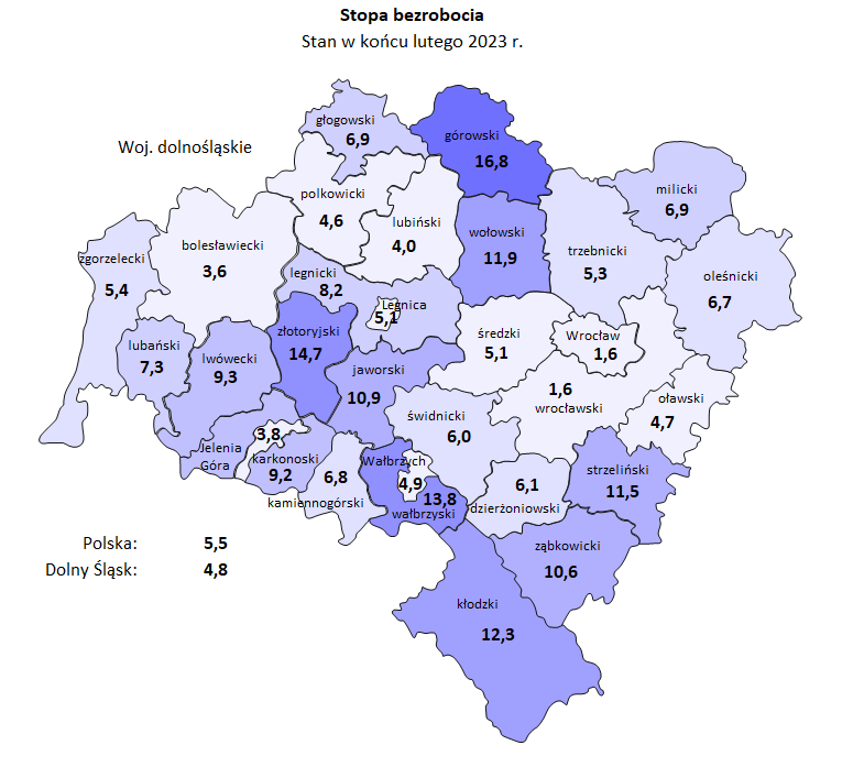 Mapa bezrobocie Dolny Śląsk - Dolnośląski Rynek Pracy - Luty 2023