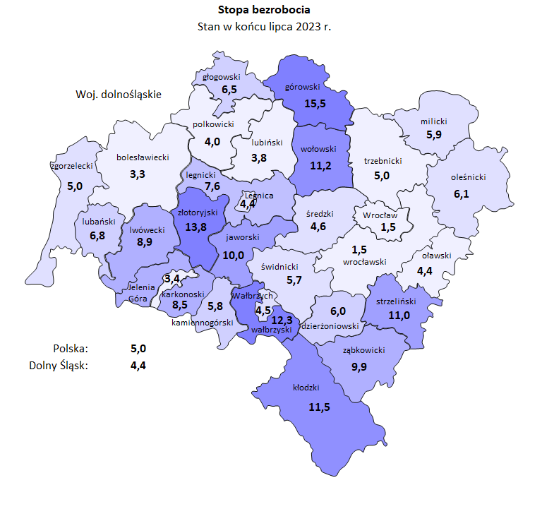 Mapa bezrobocie Dolny Śląsk - Dolnośląski Rynek Pracy - Lipiec 2023