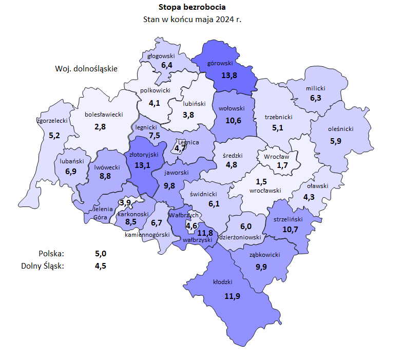 Mapa bezrobocie Dolny Śląsk - Dolnośląski Rynek Pracy - Maj 2024