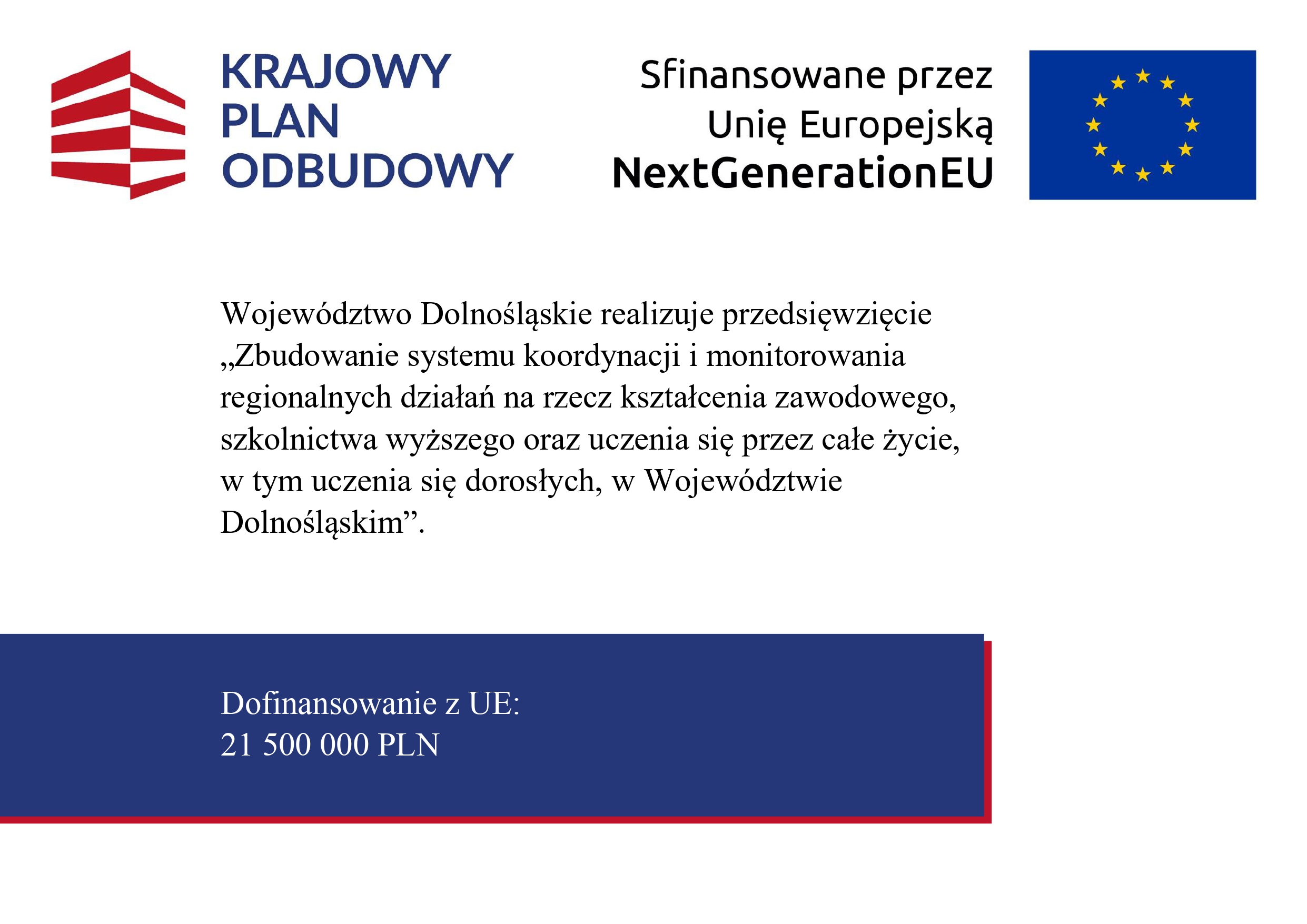 Plakat projektu "Zbudowanie systemu koordynacji i monitorowania regionalnych działań na rzecz kształcenia zawodowego, szkolnictwa wyższego oraz uczenia się przez całe życie, w tym uczenia się dorosłych, w Województwie Dolnośląskim."