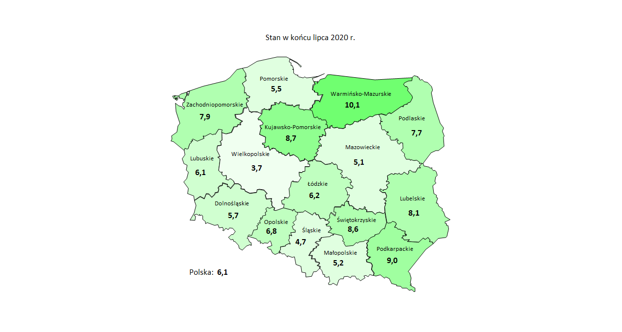 Mapa stopy bezrobocia województwa - lipiec 2020